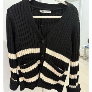 Zara Black and Cream Striped Cardigan